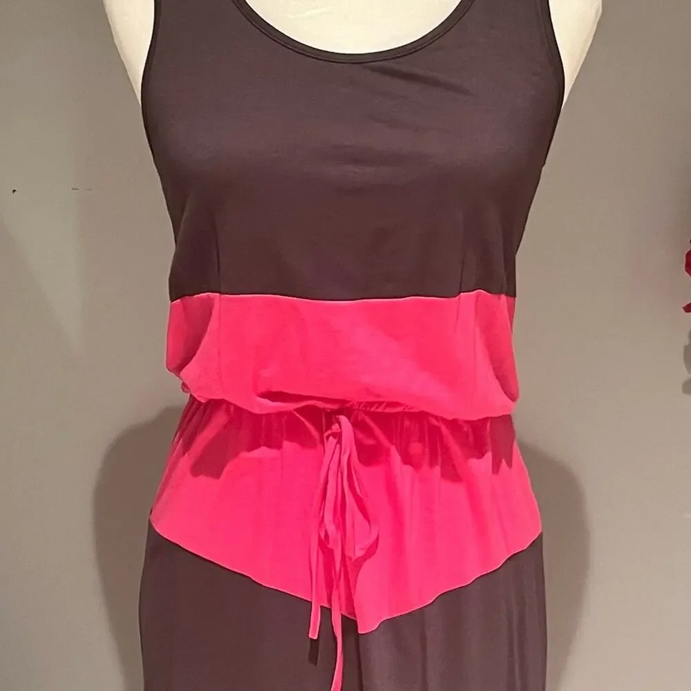 NEW The Hanger Colorblock Striped Tie Waist Stretch Maxi Dress Gray Pin…